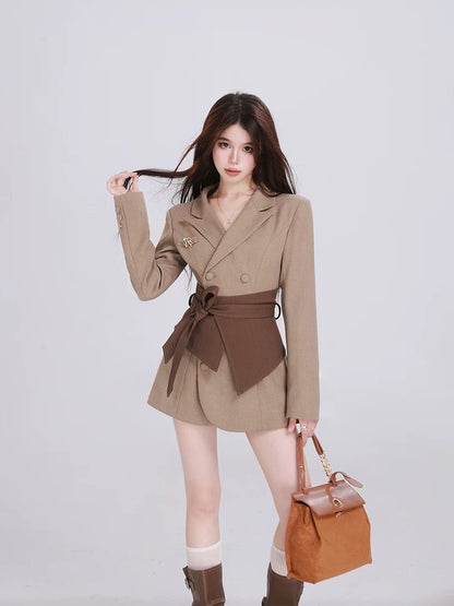 Elegant Two-Tone Belted Blazer Dress